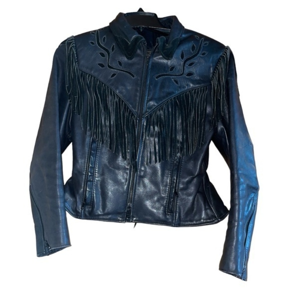 Protech Vtg Womens Leather Moto Jacket Fringe‎ Cutout Laceup 14 Biker Rock USA